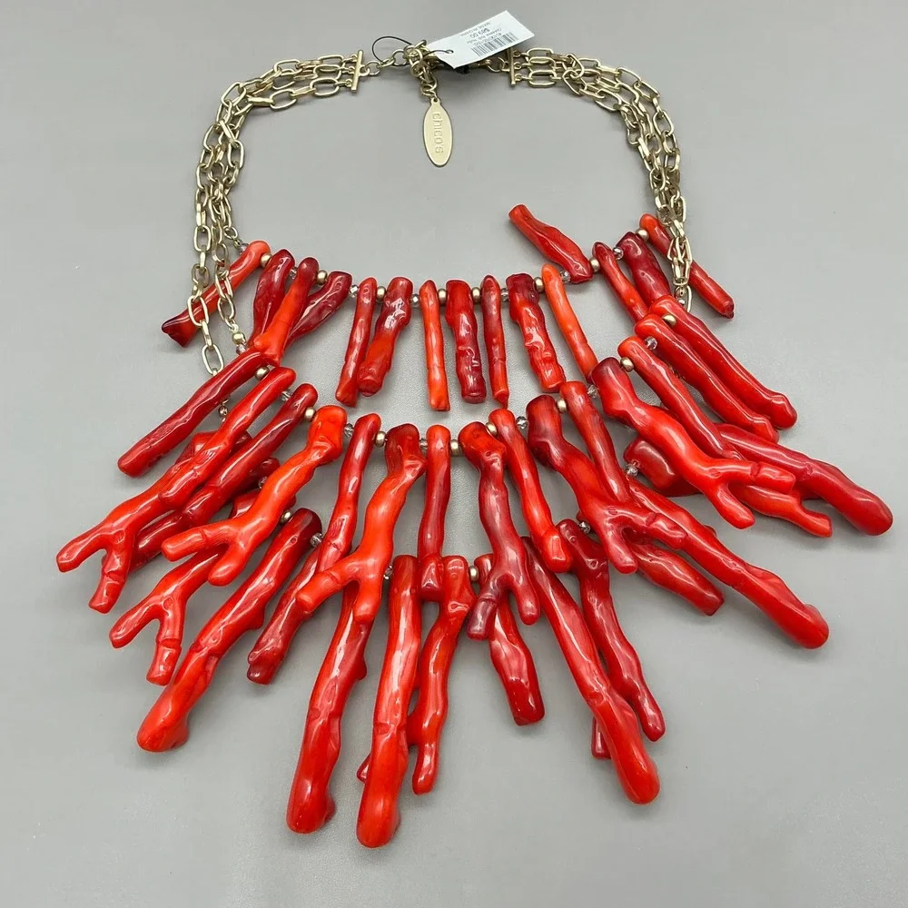 Chico's Necklace Red Faux Coral Style Branch Multi Strand Gold Tone Statement